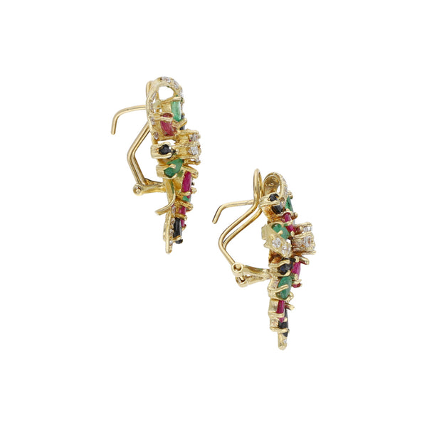 Aretes diseño especial con esmeraldas, rubíes, zafiros y circonias en oro amarillo 14 kilates.