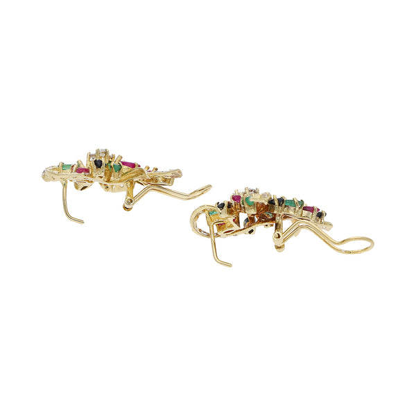 Aretes diseño especial con esmeraldas, rubíes, zafiros y circonias en oro amarillo 14 kilates.