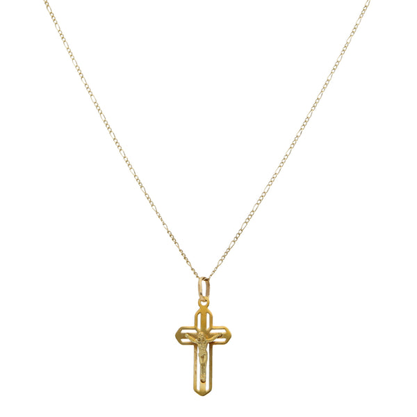 Gargantilla de tres eslabones por uno y crucifijo diseño especial en oro amarillo 14 kilates.