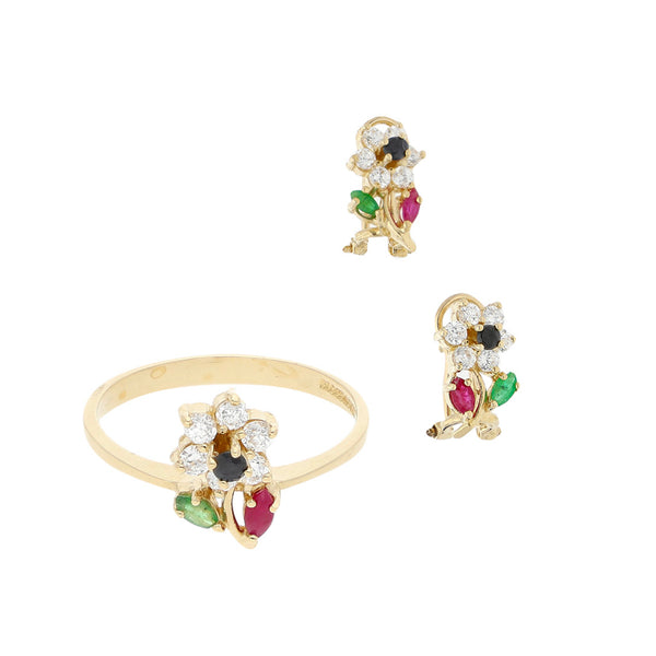 Juego de anillo y aretes diseño especial motivo flor con esmeralda, rubí, zafiro, y circonias en oro amarillo 14 kilates.