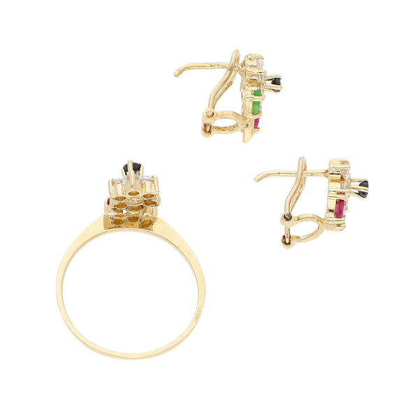 Juego de anillo y aretes diseño especial motivo flor con esmeralda, rubí, zafiro, y circonias en oro amarillo 14 kilates.