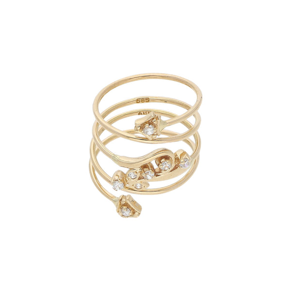Anillo estilizado con circconias en oro amarillo 14 kilates.