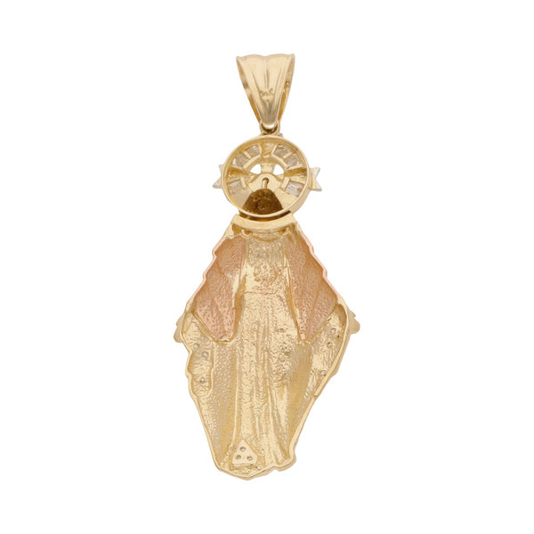 Medalla diseño especial motivo virgen con circonias en oro dos tonos 14 kilates.
