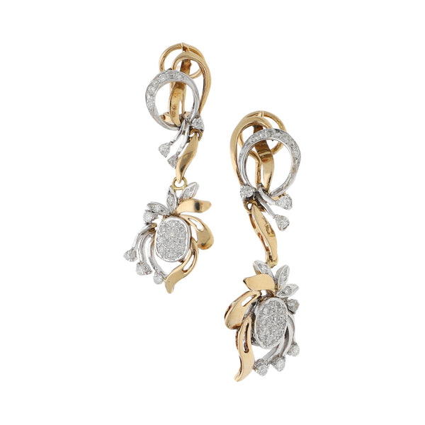 Aretes diseño especia con colgantes y diamantes en oro dos tonos 14 kilates.