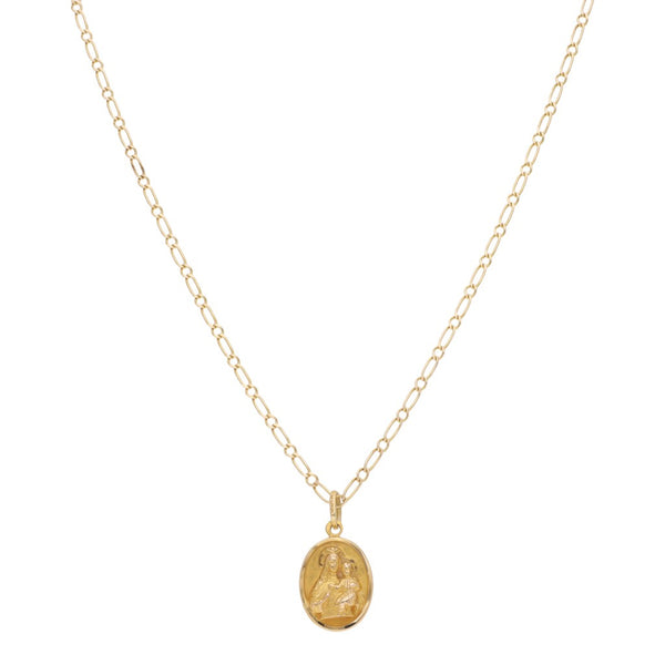 Collar eslabón combinado y medalla labrada motivo Virgen del Carmen en oro amarillo 14 kilates.