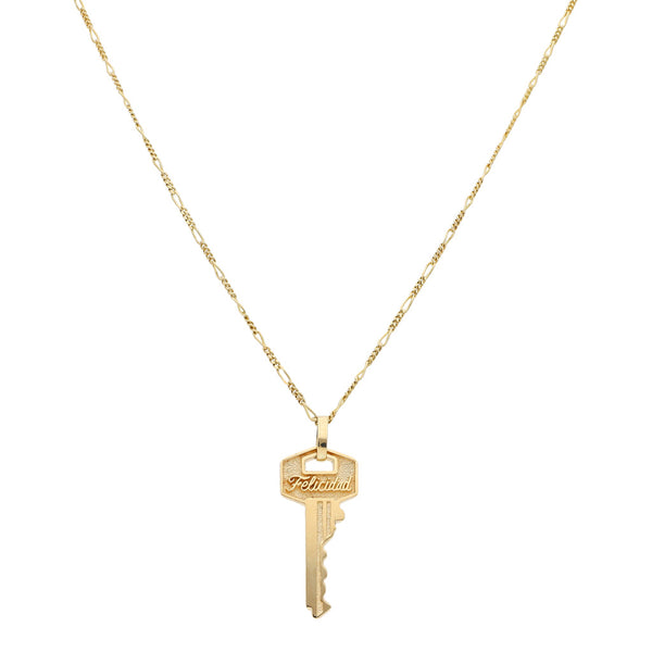 Collar de cuatro eslabones por uno y dije diseño especial motivo llave en oro amarillo 14 kilates.