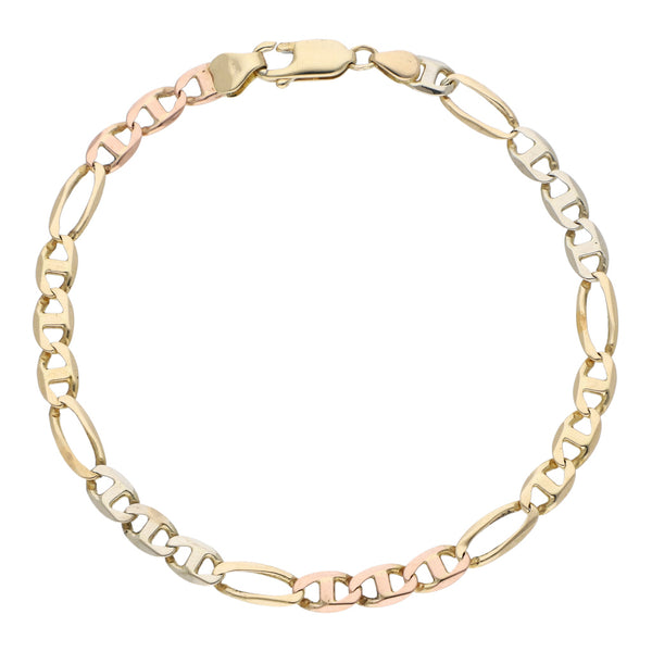 Pulsera eslabón combinado en oro tres tonos 14 kilates.