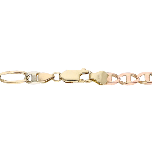 Pulsera eslabón combinado en oro tres tonos 14 kilates.