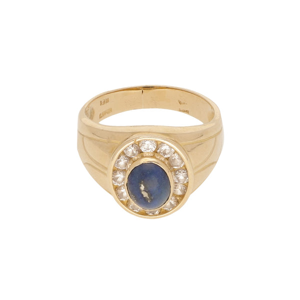 Anillo tipo sello con lapislázuli y circonias en oro amarillo 14 kilates.