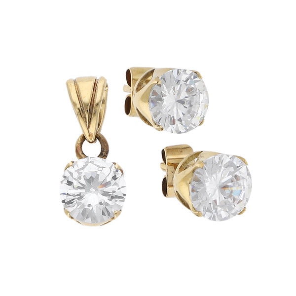 Juego de aretes y dije diseño especial con circonias en oro amarillo 14 kilates.