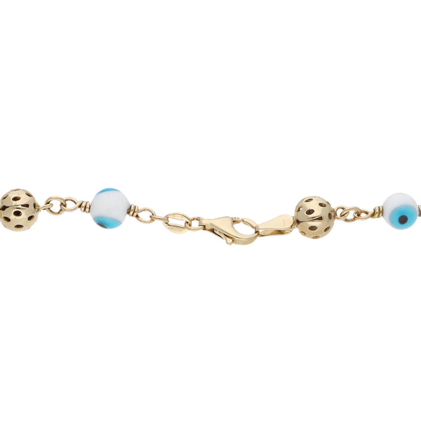 Pulsera eslabón cruzado motivo ojos y esferas con sintéticos en oro amarillo 14 kilates