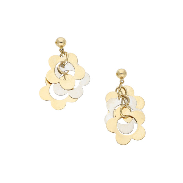 Broqueles diseño especial con colgantes motivo flor en oro dos tonos 14 kilates.