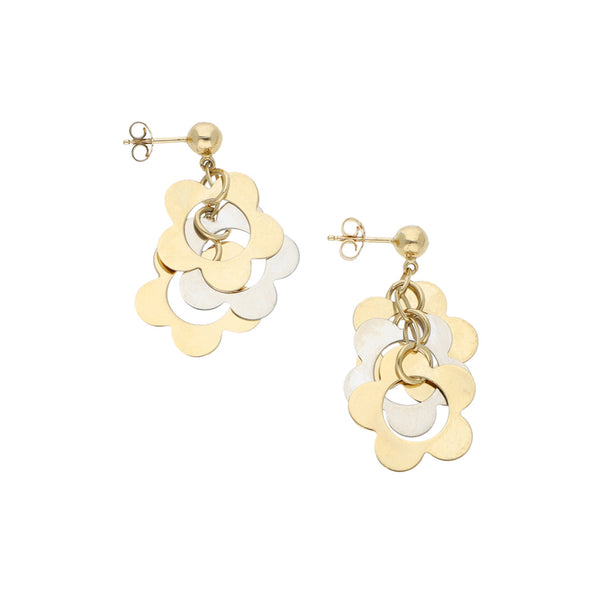 Broqueles diseño especial con colgantes motivo flor en oro dos tonos 14 kilates.