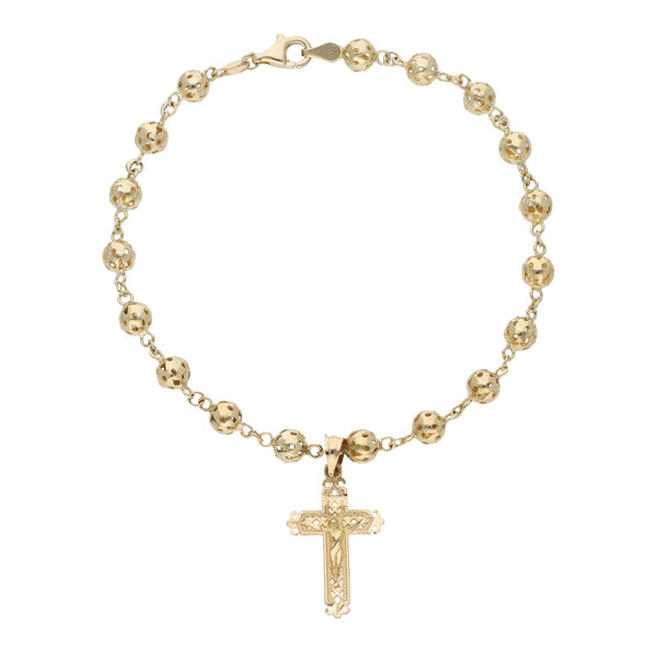 Pulsera tipo rosario eslabón cruzado con cuentas caladas en oro amarillo 14 kilates.