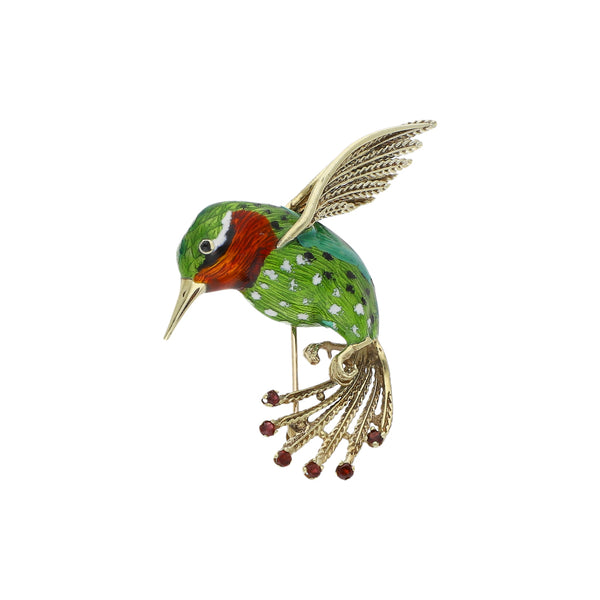 Prendedor diseño especial motivo colibrí con esmalte y granates en oro amarillo 14 kilates.