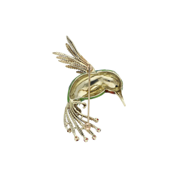 Prendedor diseño especial motivo colibrí con esmalte y granates en oro amarillo 14 kilates.