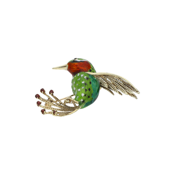 Prendedor diseño especial motivo colibrí con esmalte y granates en oro amarillo 14 kilates.