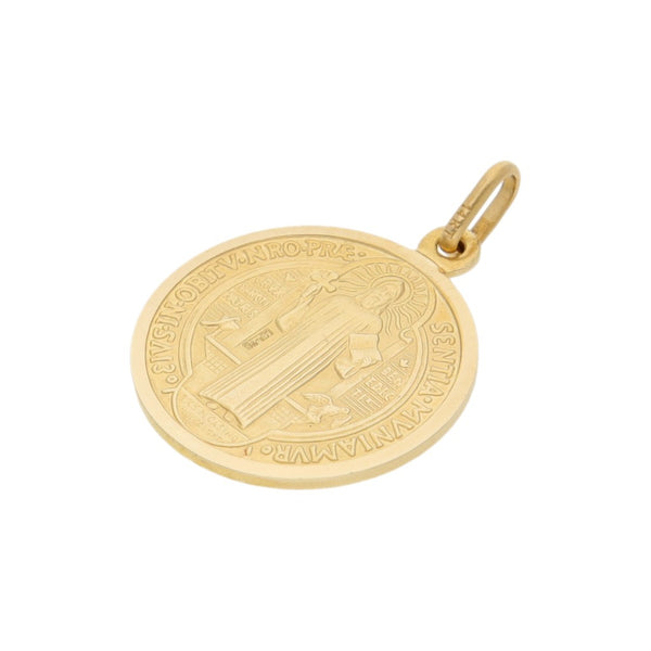 Medalla imagen doble motivo San Benito en oro amarillo 14 kilates.