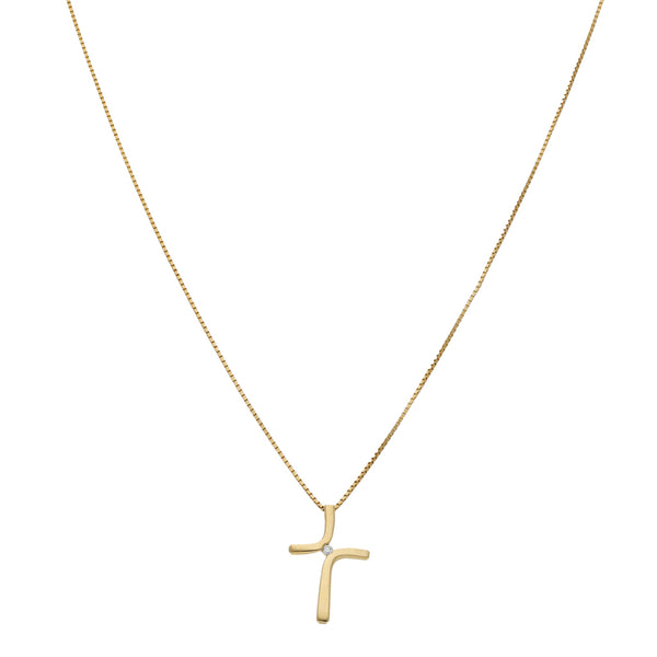Gargantilla eslabón cuadrado cruzado con cruz diseño especial con diamante en oro amarillo 14 kilates.