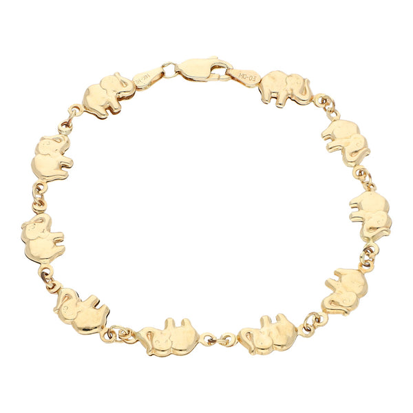 Pulsera eslabón articulado motivo elefantes en oro amarillo 14 kilates.