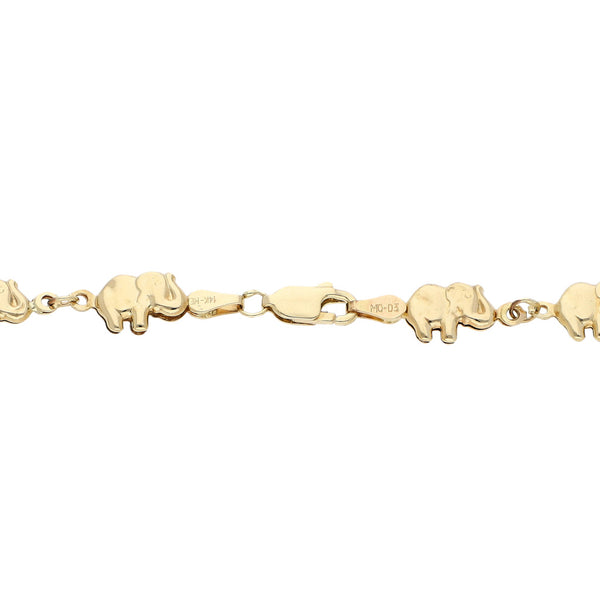 Pulsera eslabón articulado motivo elefantes en oro amarillo 14 kilates.