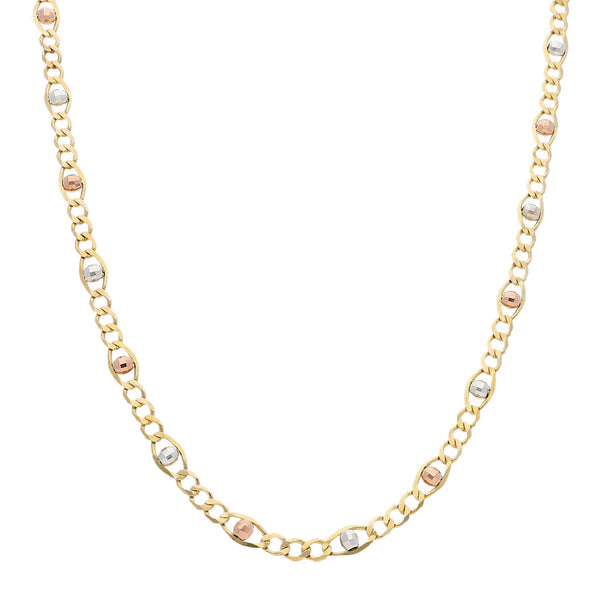 Collar de tres eslabones por uno con aplicaciones en oro tres tonos 14 kilates.