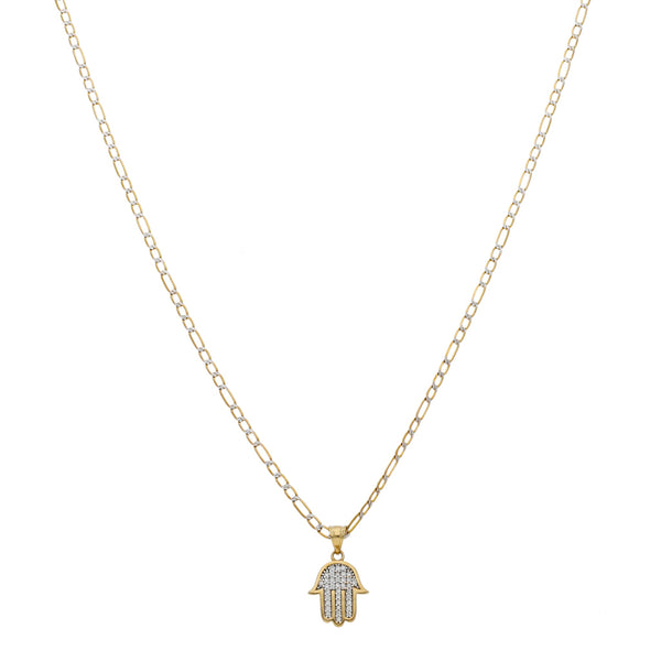 Collar de tres eslabones por uno platinados y dije diseño especial con circonias motivo mano en oro amarillo 14 kilates.