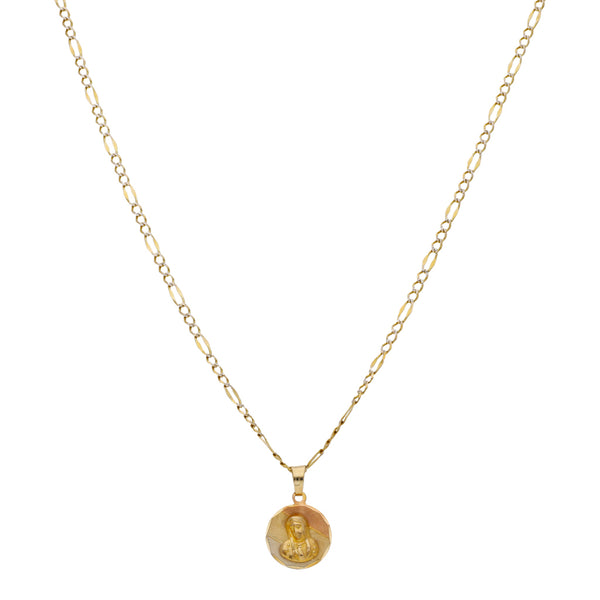 Collar de tres eslabones por uno platinados y medalla laminada motivo Virgen de Guadalupe en oro amarillo 14 kilates.