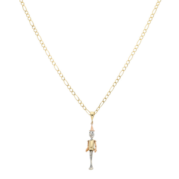 Collar de tres eslabones por uno y dije articulado motivo pinocho en oro tres tonos 14 kilates.