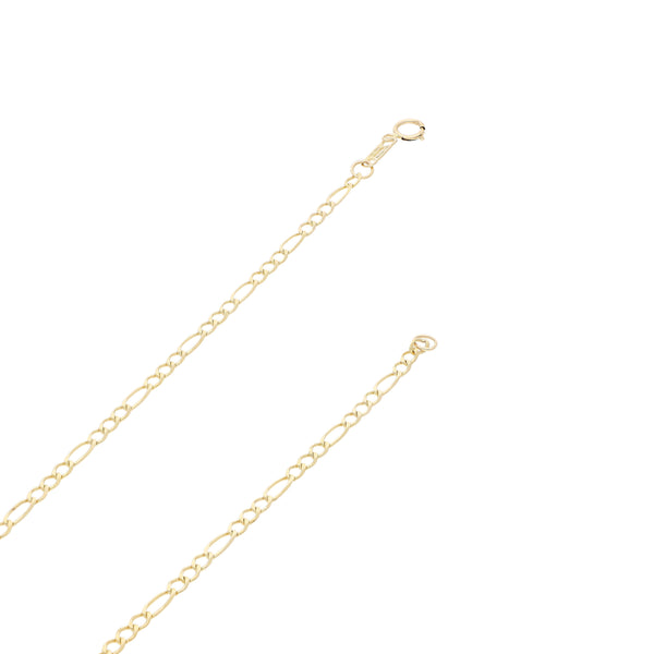 Collar de tres eslabones por uno y dije articulado motivo pinocho en oro tres tonos 14 kilates.