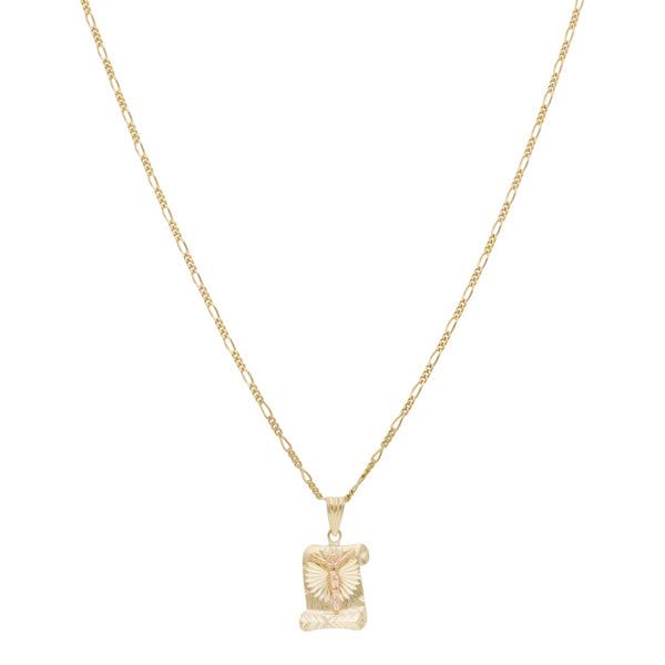 Collar de tres eslabones por uno y medalla labrada con Cristo en oro dos tonos 14 kilates.