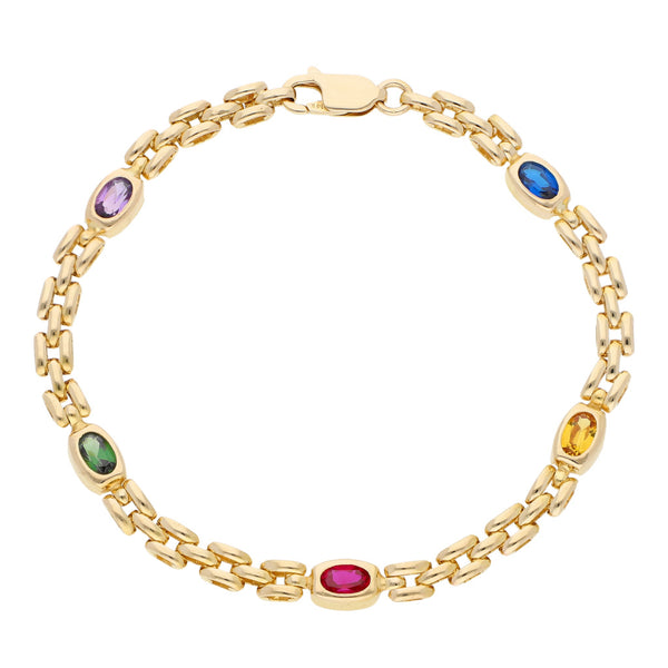 Pulsera eslabón articulado con sintéticos en oro amarillo 14 kilates.