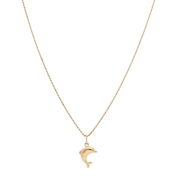 Collar eslabón torzal y dije hueco motivo delfín en oro amarillo 14 kilates.