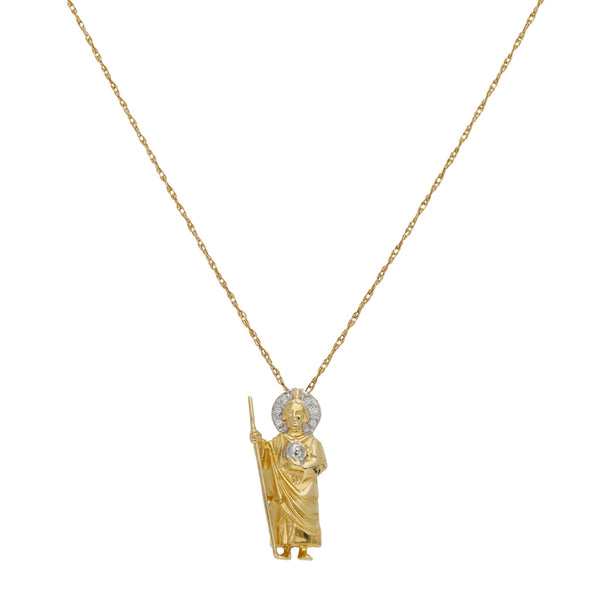 Collar eslabón cruzado doble y medalla motivo San Judas Tadeo con circonias en oro amarillo 14 kilates.