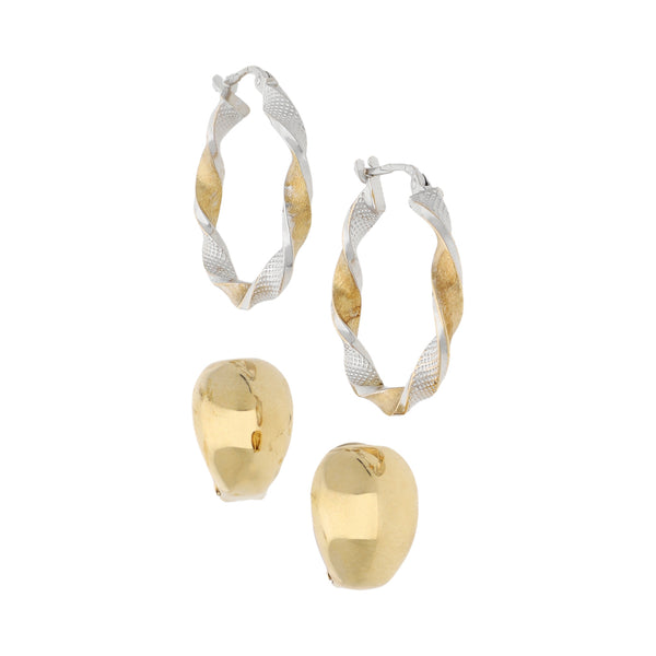 Arracadas torzales y aretes laminados en oro dos tonos 14 kilates.