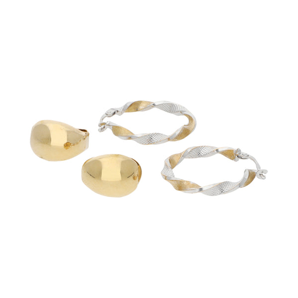 Arracadas torzales y aretes laminados en oro dos tonos 14 kilates.