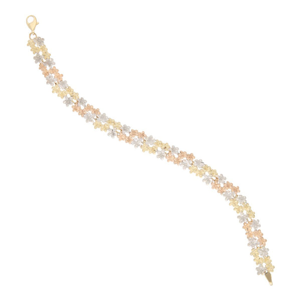 Pulsera eslabón articulado motivo flores en oro dos tonos 14 kilates.