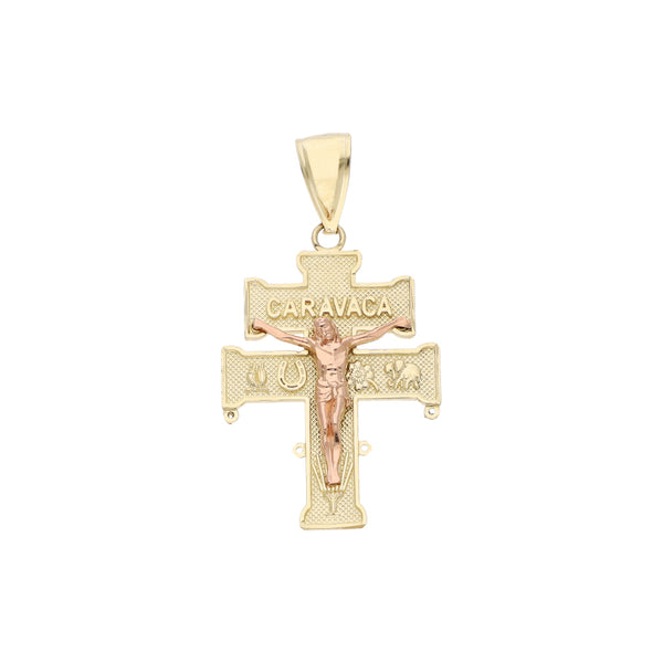 Crucifijo diseño especial en oro dos tonos 14 kilates.