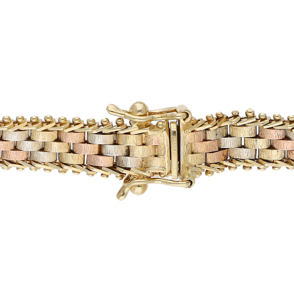 Pulsera eslabón boleado en oro tres tonos 14 kilates.