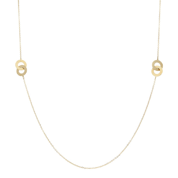 Collar eslabón cruzado con aplicaciones motivo aro en oro amarillo 14 kilates.