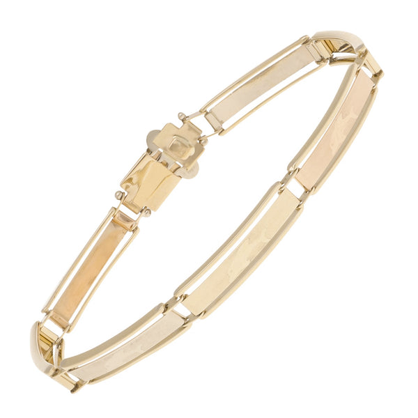 Pulsera eslabón laminado motivo delfines en oro tres tonos 14 kilates.