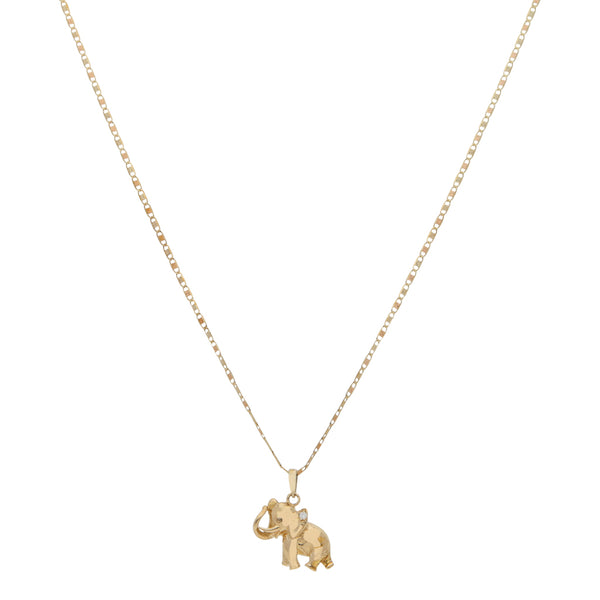 Juego de collar eslabón nudo marino y dije diseño especial motivo elefante con circonia en oro amarillo 14 kilates.