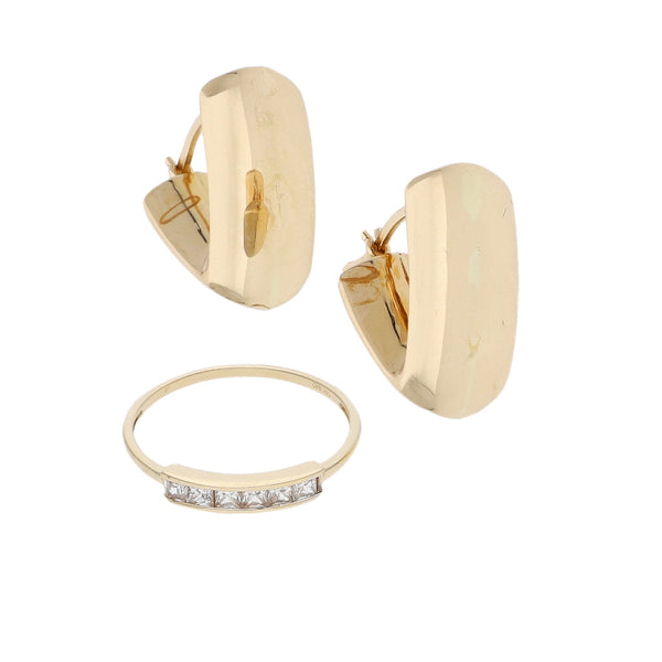 Juego de anillo y aretes diseño especial con sintéticos en oro amarillo 14 kilates.