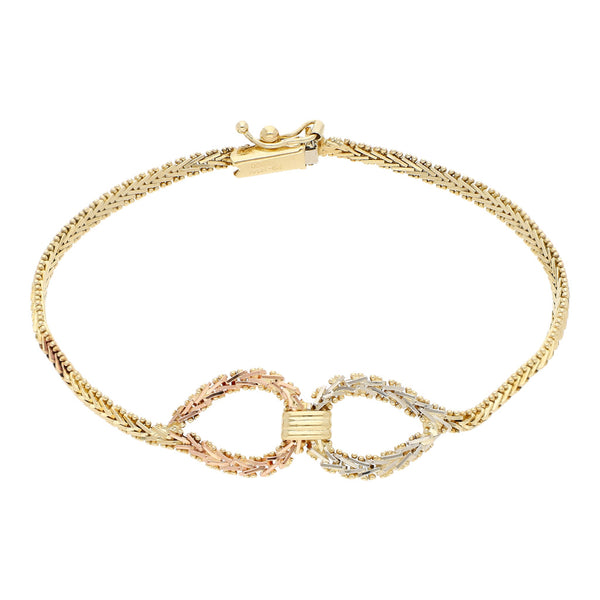 Pulsera eslabón boleado en oro tres tonos 14 kilates.