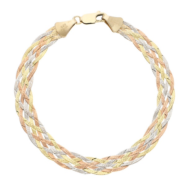 Pulsera eslabón planchado en oro tres tonos 14 kilates.