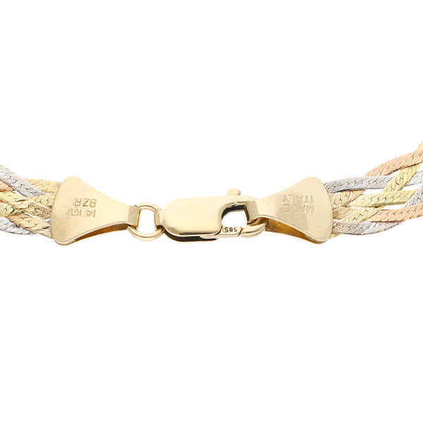 Pulsera eslabón planchado en oro tres tonos 14 kilates.