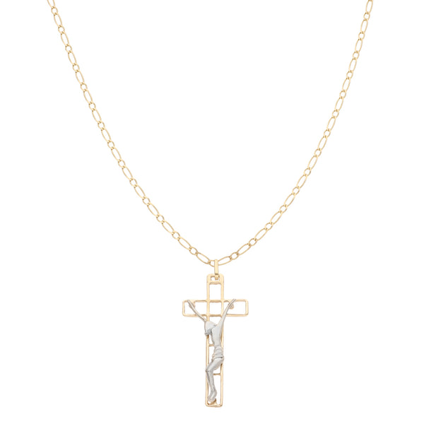 Collar eslabón combinado con crucifijo calado en oro dos tonos 14 kilates.