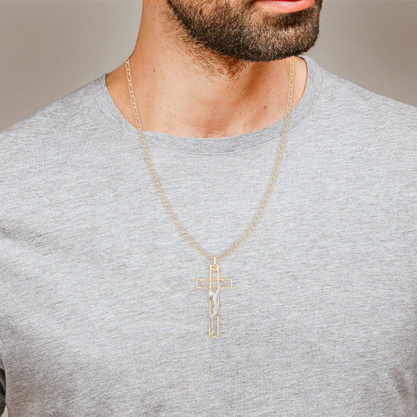 Collar eslabón combinado con crucifijo calado en oro dos tonos 14 kilates.
