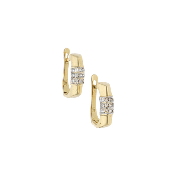 Aretes estilizados con circonias en oro amarillo 14 kilates.