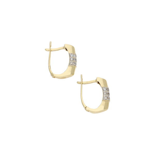 Aretes estilizados con circonias en oro amarillo 14 kilates.
